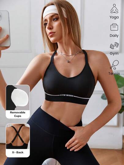 Women's Black Non-Wired Criss-Cross Hollow Back Sports Bra, Suitable For Small Bust