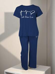 2 piezas Conjunto de pijama casual de verano para mujer talla grande, con top de manga corta y pantalón largo, ropa de casa - Azul - Ver 5