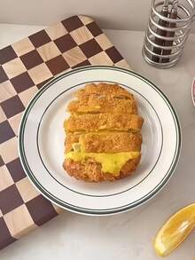 1 pièce Assiette sucrée style Ins avec ligne verte, assiette à gâteau en céramique de niche créative, assiette à steak salade petit déjeuner très attrayante, plateau domestique