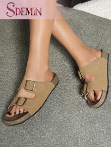 SDEMIN Flat-Bottomed Cork Slippers With Buttons, Summer Men's And Women's Beach One-Line Double-Row Buttons, Fashionable And Versatile Outdoor Casual Sandals - Brown - View 7