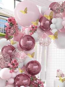 113Pcs Macaron Pink Butterfly Garland Arch Balloons, Wedding Birthday Party Decoration Gold Confetti Latex Balloons Shower Supply - Pink - View 3