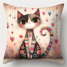 4pcs Sofa Cushion Cover Set, Cat & Heart Pattern, 44.96cm*44.96cm, Single-Sided Printing, Home Decor, Sofa Back Cover, Pillow Insert Not Included - Multicolor - View 4