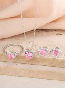 Ensemble de bijoux en argent sterling 925 avec pierre de zirconium en forme de cœur rose - petites boucles d'oreilles mignonnes, collier, bague. Cadeau pour les amoureux, les amis, anniversaire. Convient pour le quotidien, les voyages, les fêtes, les mariages. Bijoux de luxe pour femmes