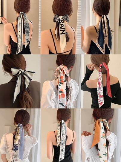 9pcs Women Elegant Floral, Fruit And Letter Printed Black & White Hair Scrunchies, Fashion Versatile Hair Accessories Suitable For Daily Styling, Washing And Matching Outfits Hair Band Turban Headband Sweatband, Hair Bands Fall Winter For Vacation Outfits Woman Elegant Scarf