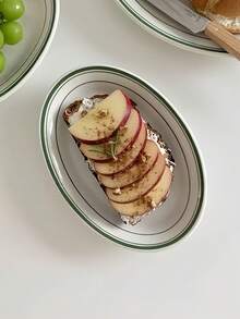 1 pièce Assiette sucrée style Ins avec ligne verte, assiette à gâteau en céramique de niche créative, assiette à steak salade petit déjeuner très attrayante, plateau domestique