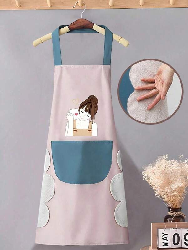 1pc Kitchen Cooking Apron,Oil-Proof And Water-Proof,With Pockets Cooking Apron,Easy To Clean(Pink),Kitchen,Bathroom,Home,Household Supplies Christmas For Holiday Gift Giving