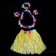 1 Set Falda de hierba estilo hawaiano, regalos creativos de fiesta hawaiana, decoraciones de fiesta, falda de hierba, corona de flores personales, decoraciones de fiesta hawaiana, collar, diadema y pulsera de flores (color de la flor aleatorio) - falda elegante - Ver 18