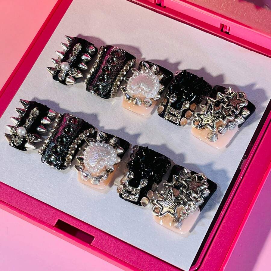 10pcs Y2K Gothic Junk Punk Short Duckbill Nails Set - Handcrafted With Shiny Rhinestones, Spikes, Pearls, And Black Accents, Features French Tip Style, Perfect For Parties & Casual Attire, Suitable For Wedding Parties And Daily Wear, Includes Tool Kit For Easy Application. - Black - View 1