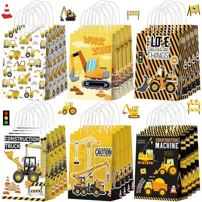 12/18/24pcs Construction Excavator Truck Crane Printing Party Gift Bag With Handle Truck Gift Bag Vehicle Party Gift Gift Wrapping Construction Truck Theme Birthday Supplies Decoration