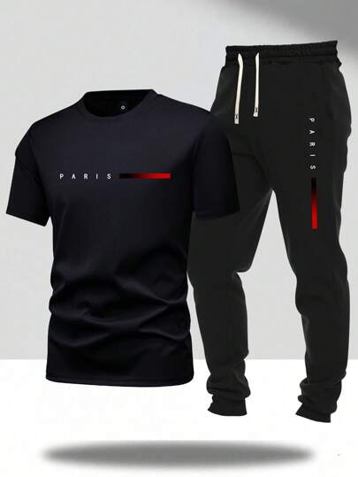 Men's Summer Paris Letter Printed Short Sleeve T-Shirt And Drawstring Pants Set, Casual Outfit For Outings, Suitable As Gift For Husband Or Boyfriend, Great For Outdoor Leisure