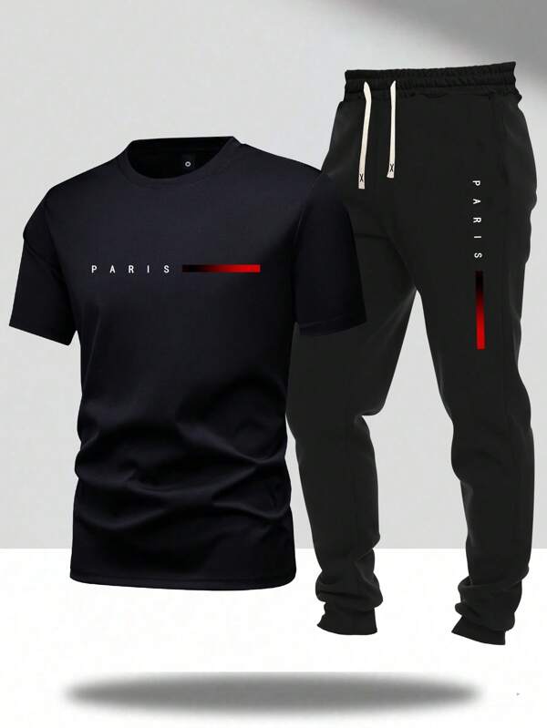 Set di maglietta a maniche corte con stampa della lettera Parigi e pantaloni con laccetto, per uomo, per l'estate, outfit casual per uscite, adatto come regalo per il marito o il fidanzato, ottimo per il tempo libero all'aperto