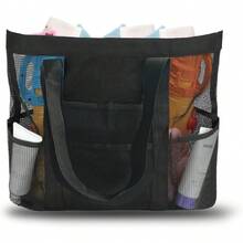 Bolsa de malla para la playa para mujeres, bolsas de playa impermeables con bolsillo para la familia - Negro - Ver 1