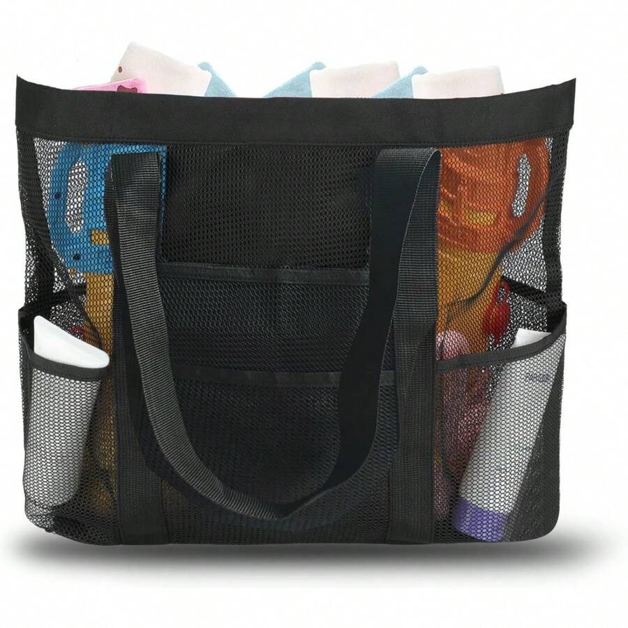 Bolsa de malla para la playa para mujeres, bolsas de playa impermeables con bolsillo para la familia - Negro - Ver 1