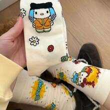 Sanrio 1Pair Sanrio For Hello Kitty & Friends Women'S Kawaii Cat Crew Socks - Cute Cartoon Designs, Breathable Polyester, Perfect For Work & Casual Wear, Available In Multiple Colors, Cute Socks