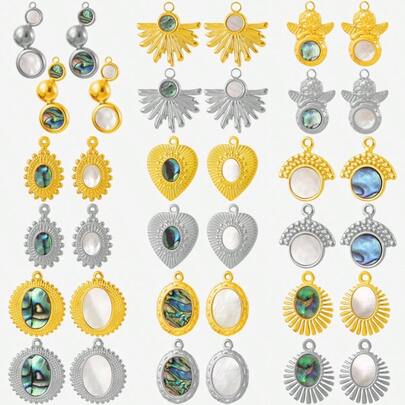 2件/4件复古奢华304不锈钢镶嵌真鲍鱼贝壳吊坠项链耳环配件，心形和不对称几何设计，镀金和镀银首饰制作吊坠