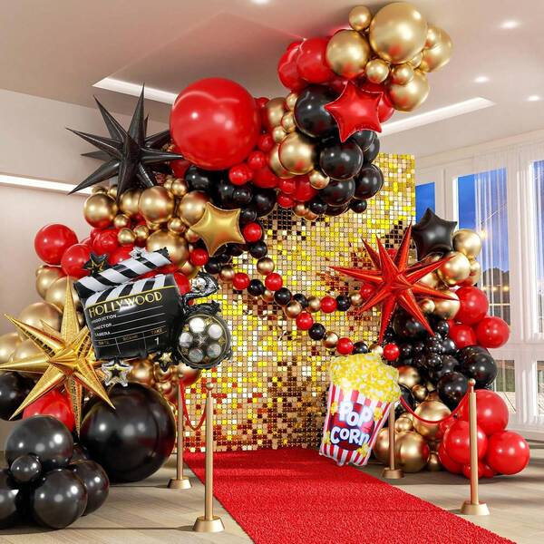 108 pièces Set de guirlande de ballons Soirée cinéma, comprenant des ballons en latex rouges, noirs, dorés et des ballons en film d'aluminium en forme de caméra, de pop-corn, d'étoile, d'étoile éclatante. Convient pour les anniversaires, les soirées cinéma, les décorations de fête à thème cinéma.