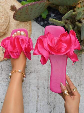 New Women's Black Spring/Summer Fashion Party & Vacation Ruffle Decor Platform Sandals, Outdoor Comfortable Versatile Square Toe Soft Flat Slippers