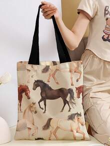 随机图案双面印花单肩手提包，休闲旅行沙滩包，大容量可重复使用单肩购物袋，女士休闲单肩包，手提包，大容量帆布沙滩包，手提包，购物袋，印花女士杂货单肩包