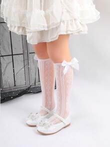 2 Pairs Baby/Toddler Girls Sweet Cute Lace Bow Heart Jacquard Mesh Crew Socks, Suitable For Summer Wear - Multicolor - View 6