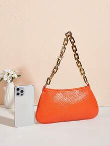 Bright Color Snake Skin Acrylic Gold Chain Decor Shoulder Underarm Baguette Bag - Orange - View 4