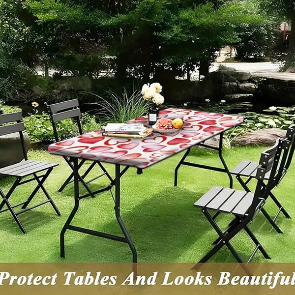1pc Tablecloth With Elastic Edge, Lightweight, Washable, Pink Heart Theme Print, Suitable For Party, Outdoor Picnic, Holiday Event Decor, Indoor/Outdoor Use