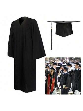 2 件/1 套拉链学生毕业礼服、学位袍和披肩套装、1 件黑色流苏毕业学士帽、中性长袍和披肩，男女皆宜（也可用作节日服装，如万圣节）