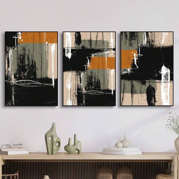 3 Pcs Frameless Wall Printing Set, Geometric Line Art, Neutral Art, Abstract Printing, Black Green Orange Wall Printing For Living Room, Bedroom, Dining Room, Office Decoration, Wall Decoration, Home Decoration Wall Art