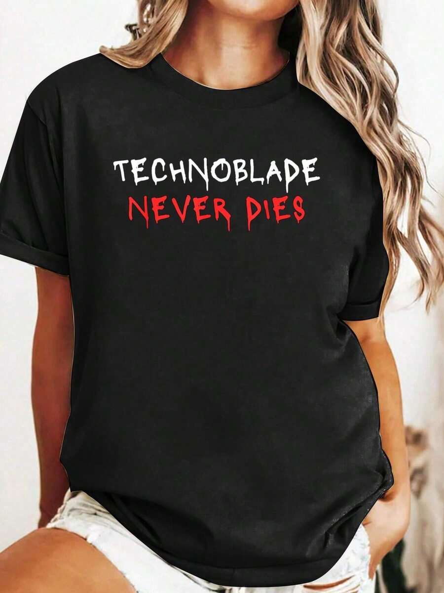 Technoblade Never Dies Funny T-Shirt Cotton Print Crew Neck Short Sleeve Casual T-Shirt Graphic Tees Women Tops - màu đen - Xem 1