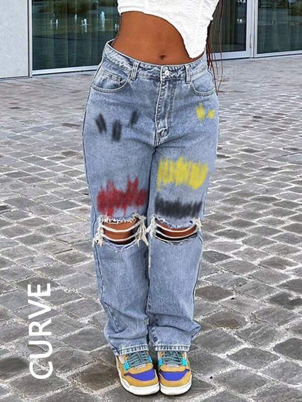 PLUS Women Y2k Graffiti Knee Hole Slim Straight Tapered Jeans Mom Denim Jeans