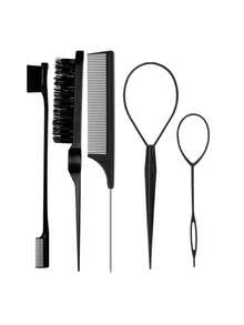 3/5件套黑色美发造型尖尾梳双头梳眉刷化妆美发工具套装美容家居美发配件 - 黑色 - 查看 13
