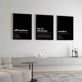Juego de 3 pinturas de lienzo motivacionales negras, arte de pared sobre la ley de la atracción, decoración de pared con afirmaciones, arte de pared positivo para el hogar, pinturas en lienzo de Kikiandnim como regalo de vacaciones y cumpleaños, decoración de oficina con opción de marco.