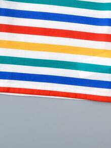 2pcs/Set Toddler Boys Fashionable, Simple Casual & Cute Rainbow Striped Short Sleeve Top With Bib Shorts, Spring/Summer