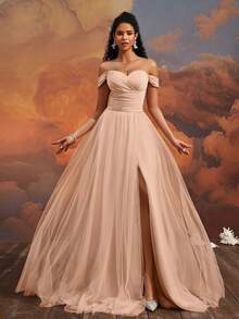 VIPGIRL 优雅露肩薄纱礼服，高开衩设计，褶皱腰身，A字型长款正式礼服，浪漫公主风晚礼服，正式场合礼服，心形领口，奢华质感，派对礼服，婚礼宾客礼服 - 杏色 - 查看 7