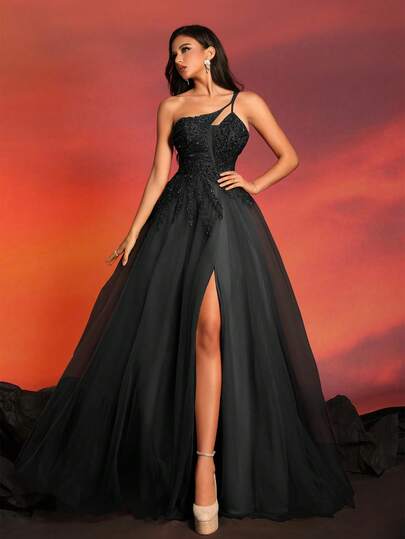 VIPGIRL Vestido largo de línea A asimétrico y elegante en negro, con un corpiño ajustado con cuentas y una abertura alta, vestido de noche formal, vestido de bola para mujer, vestido de fiesta, vestido de invitada de boda para primavera