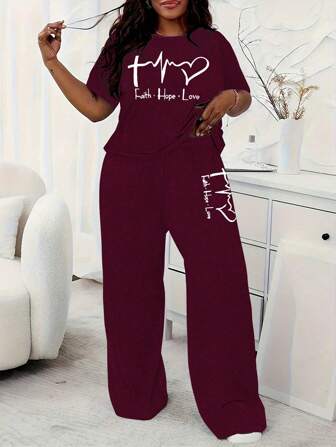 Plus Size Women Summer Casual Sleepwear Pajama Set, Short Sleeve Top And Long Pants 2pcs, Outfits
