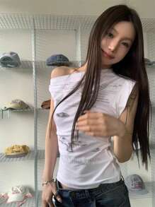 Women's Asymmetrical Asymmetric Shoulder Short Sleeve T-Shirt, Unique Design Cropped Casual Top For Summer