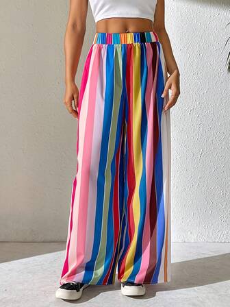女宽松条纹裤休闲宽鬆阔腿裤彩色条纹靓丽裤子