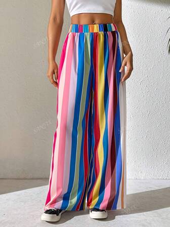Pantalon rayé ample pour femmes, pantalon décontracté ample à jambes larges, pantalon rayé coloré et beau