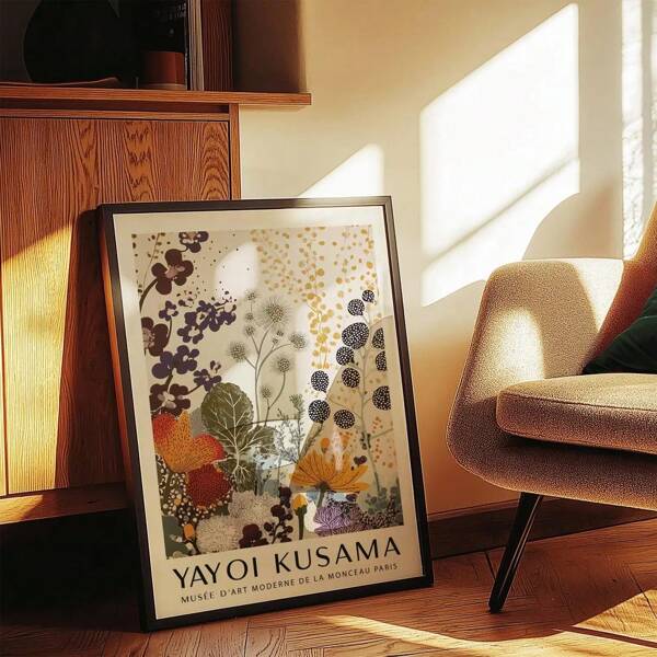 1pc, Wall Arts, Modern Posters, Yayoi Kusama Printed Botanical Poster, Abstract Flowers With Earthy Tones, Modern Wall Art Inspired By Nature Unframed ,Wall Art With Frame