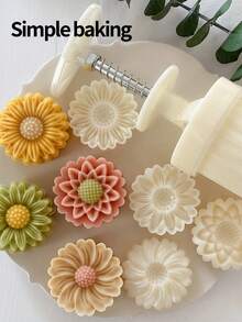 4件套3D立体花纹糕点模具，生日礼物烘焙套装，便当用品，手工DIY饼干模具，蛋糕，饼干，印章饼干切割模具，节日派对月饼，豆沙饼厨房工具，返校午餐盒用品，饼干切割器。月饼模具套装，饼干造型器。饼干印章 - 米色 - 查看 13