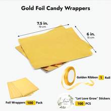 100 paquets d'emballages de barres de chocolat avec 100 autocollants et 1 ruban de 6" x 7,5" en feuille d'or. Feuilles d'emballage individuel homemade pour bonbons, sans plis