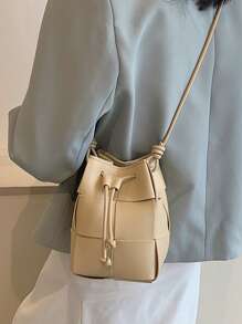 Mini Casual Woven Crossbody Shoulder Bag, Drawstring Bucket Bag, Plain Color PU