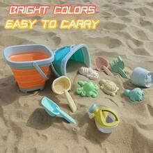 11件套沙滩玩具套装，多功能，包含可折叠水桶+创意沙铲+趣味动物模具，橙色和绿色，ABS材质，适合夏季户外儿童沙滩游戏（配件颜色随机） - 彩色 - 查看 5