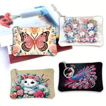 1 Set DIY Diamond Painting Kit For Mini Fashion Coin Purse, Cute Elephant/Butterfly/Cat/Peacock Designs, Women's Short Zipper Wallet With Keychain, Card Holder. Features Irregularly Shaped Crystal Mosaic Art For Daily Travel Carry-On Pouch.