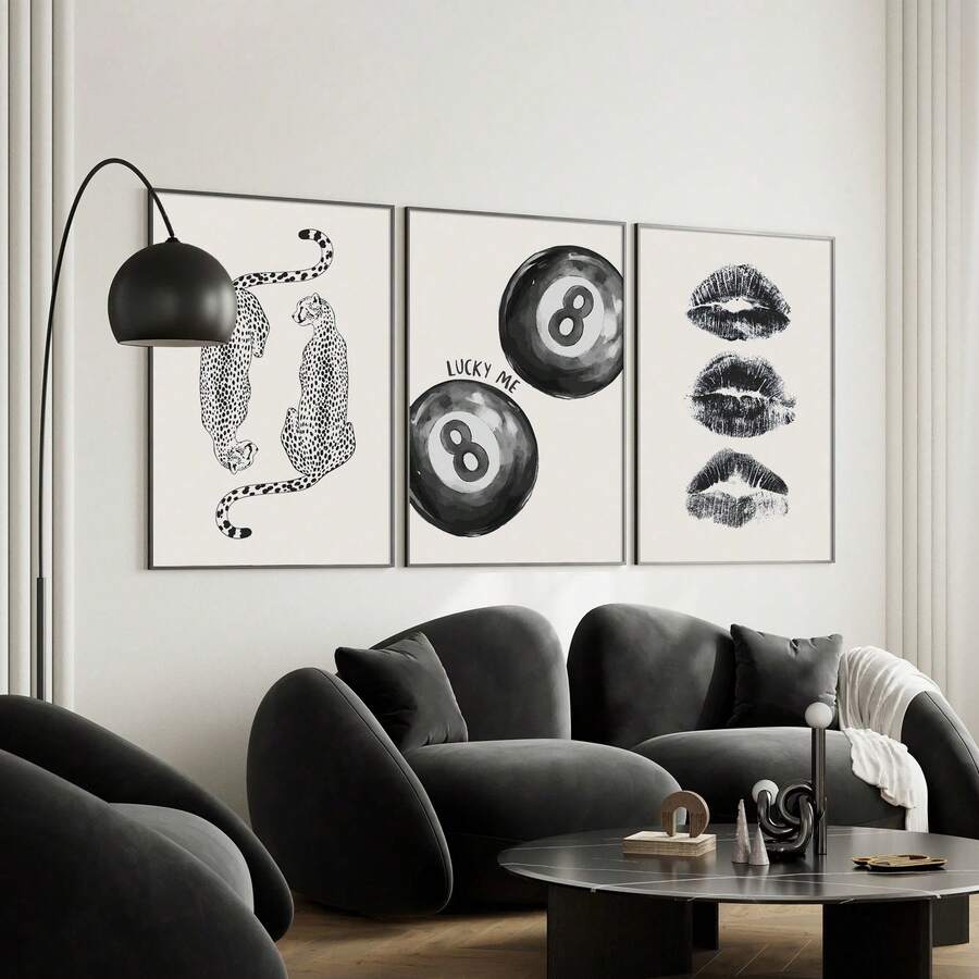 Ensemble de 3 tableaux muraux d'art avec motifs de lèvres, bille de billard rétro et imprimé léopard. Décorations esthétiques preppy pour chambre, salon ou dortoir. Cadeau de peinture sur canevas pour elle, décoration de bureau. Cadeau d'anniversaire et de vacances avec cadre en option. - 3 pièces/ensemble - Voir 1