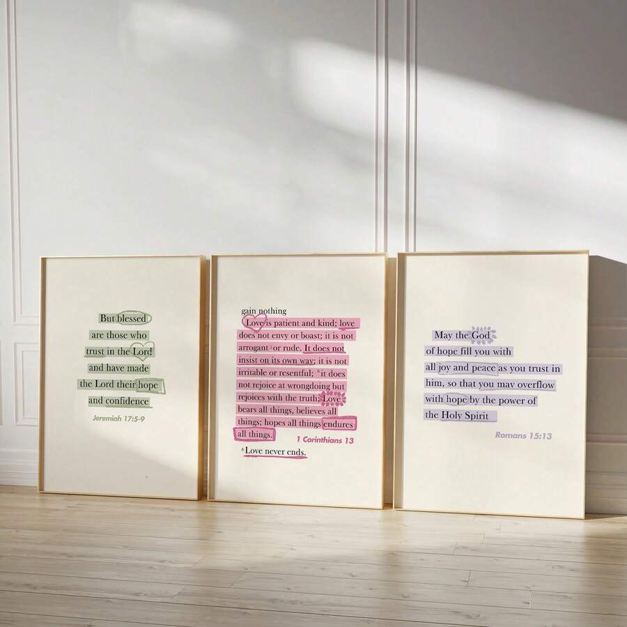 Ensemble de 3 tableaux muraux sur canevas avec versets, impression de citations modernes de Jésus, cadeau pour elle, affiche avec calligraphie des Corinthiens, cadeaux pour anniversaire, graduation, peinture sur canevas, décoration de bureau, œuvre d'art encadrée en option - 3 pièces/ensemble - Voir 1