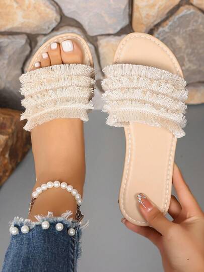 女士编织流苏系带凉鞋 - 奶油色平底夏季拖鞋，适合海滩、度假和派对 | 轻便透气休闲鞋，户外/旅行
