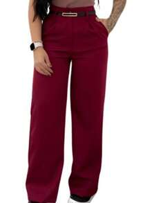 Women's Tailored Dress Pants With Belt - 紫紅色 - 查看 3