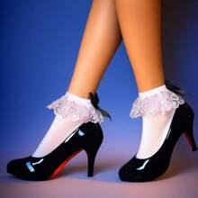 1 par de calcetines cortos sexy de mujer de terciopelo blanco de 100D con ribete de encaje, diseño de moño negro y rojo