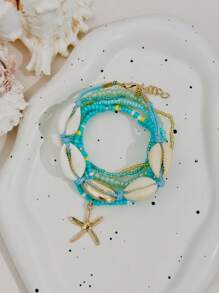 7pcs/Set Bohemian Style Shell & Bead Decor Hand Chain With Starfish Pendant, Women Bracelet Set (Random Bead Colors)